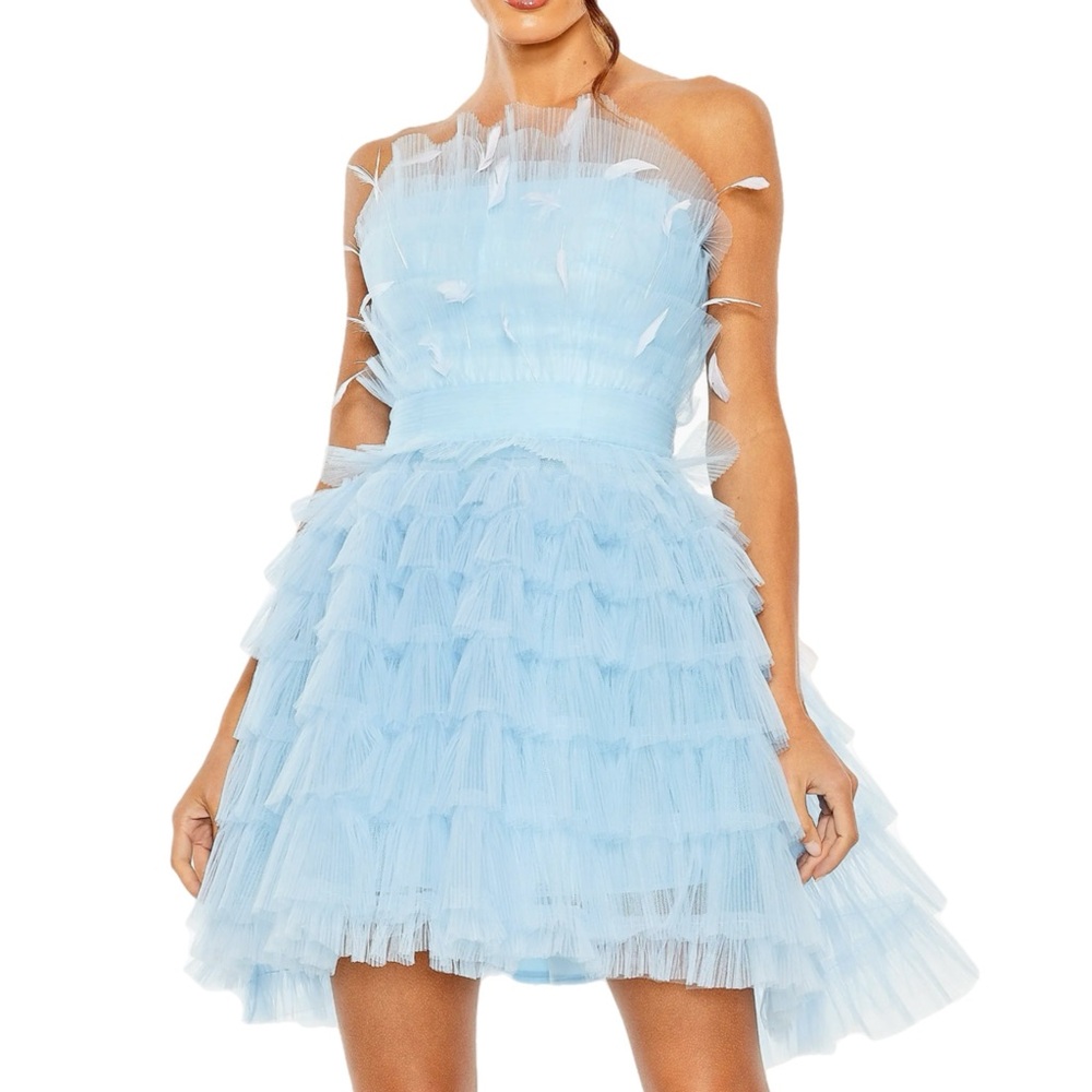 NWT Mac Duggal Powder Blue Strapless Tiered Feather & Tulle Mini Dress Size 6